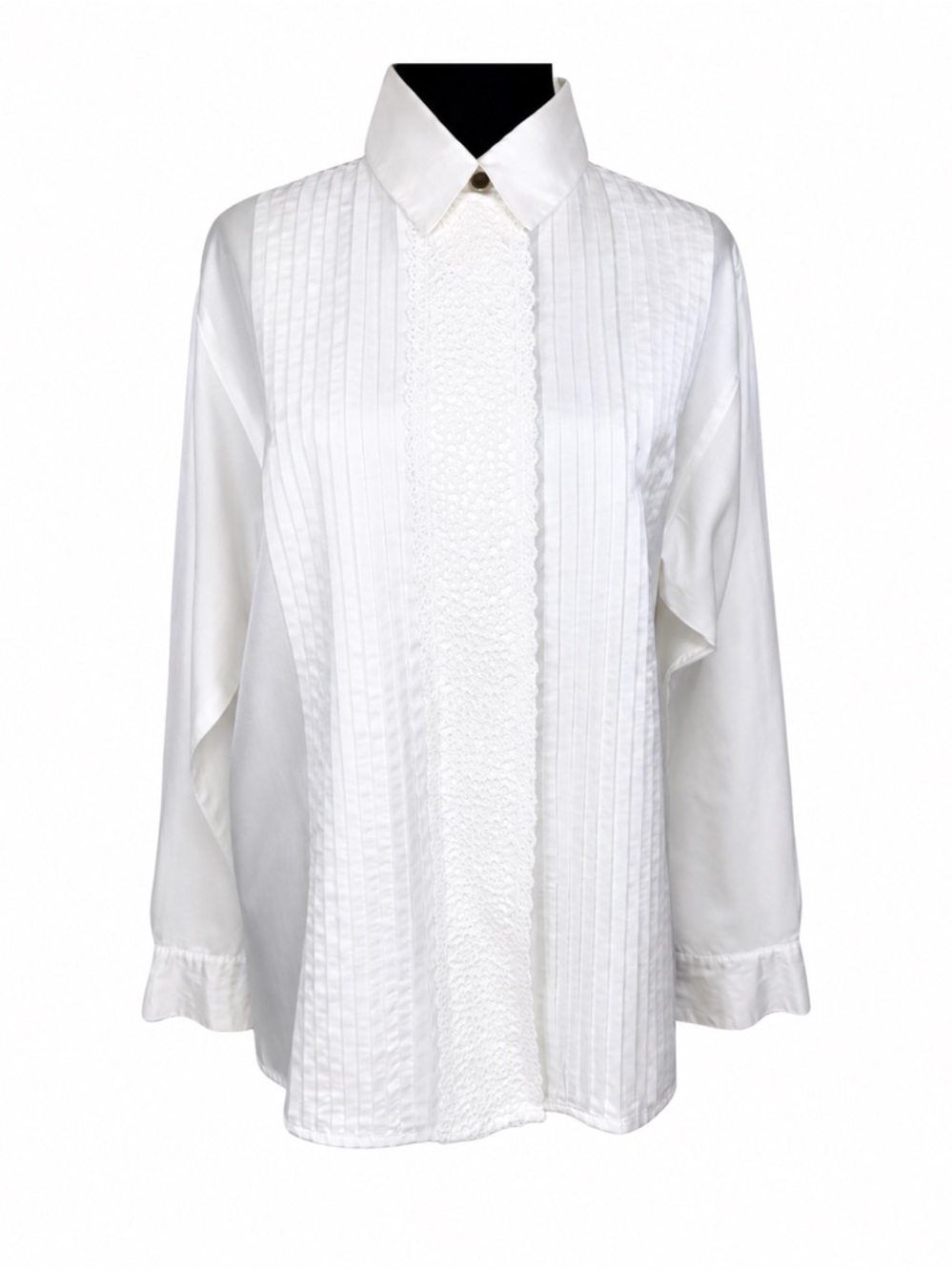 Martinique Vintage White Tuxedo Pintuck Pleats With Lace Overlay Blouse Size 14